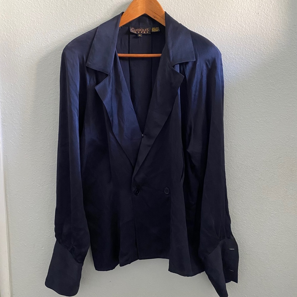 Vintage Navy Blue 100% Silk Double Breasted Blouse Shirt Womens